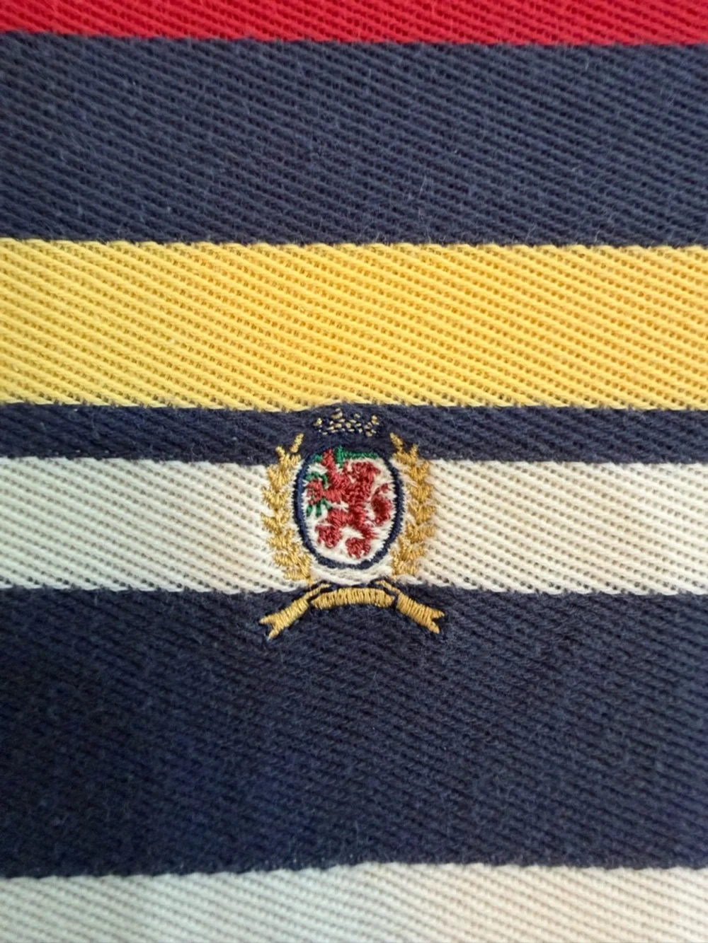 Vintage 90s Y2K Tommy Hilfiger Navy, Red, Yellow & White Striped Polo Crest Logo - Picture 4 of 4